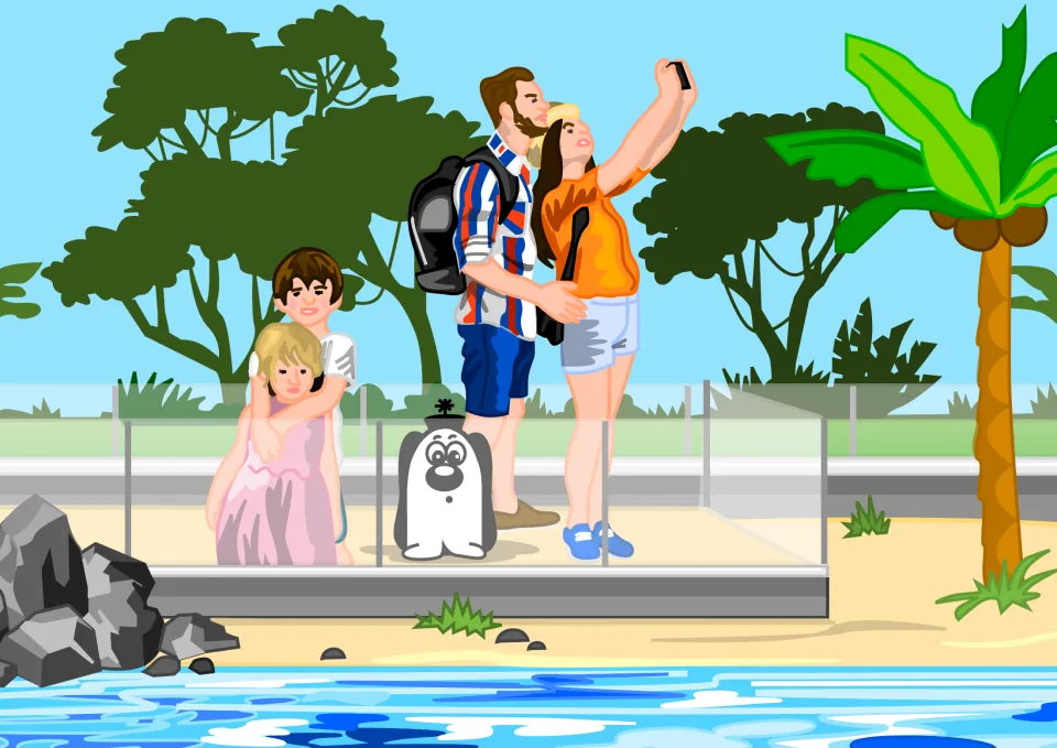 Story illustration accompanying 'Dan and Meg watch.' shows children and adults beside an animal exhibit pool.