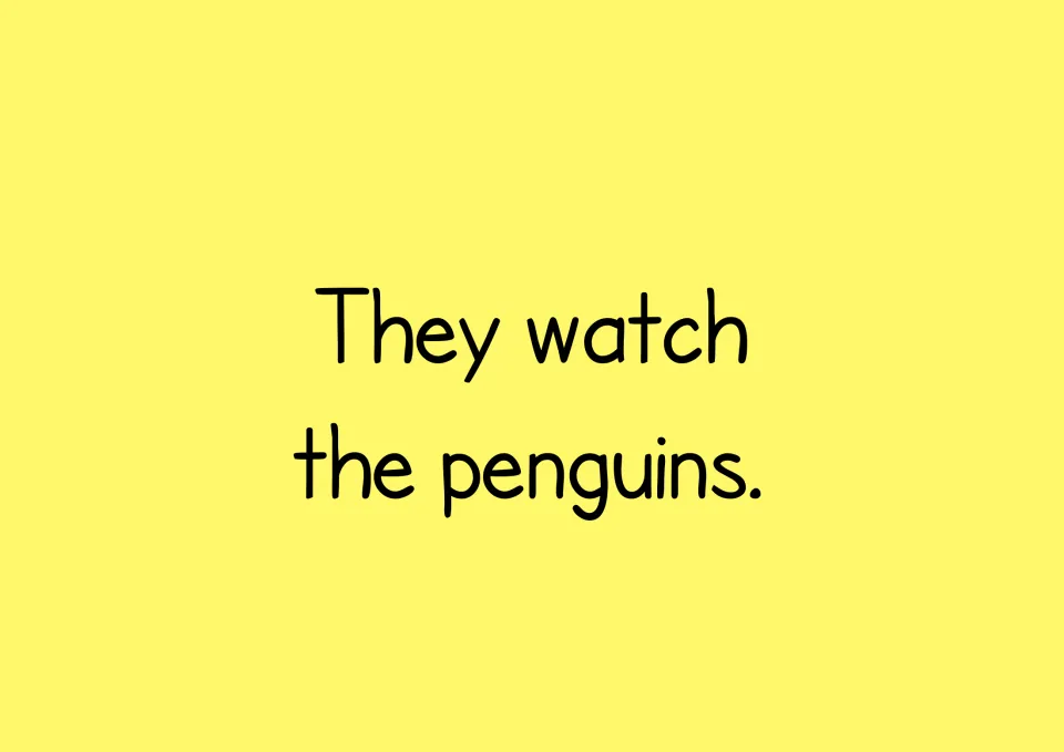 Reading text for the sentence-maker story presents 'They watch the penguins.' matching the model sentence.