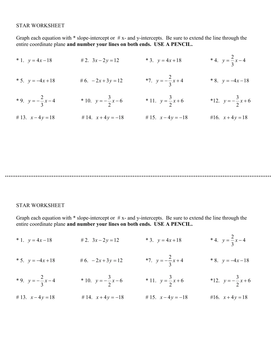 Star worksheet, mixed forms: students graph 16 lines using slope-intercept (*) or x- and y-intercepts (#) for standard form