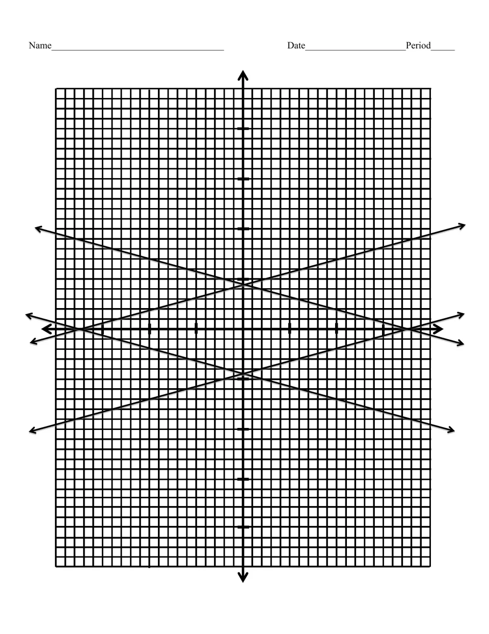 Coordinate plane with Name, Date and Period lines and four crossing lines already drawn near the origin