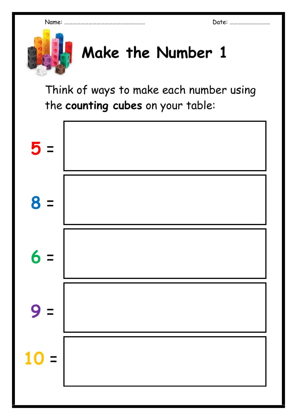 Number composition 5 to 10: students use counting cubes to find ways to build 5, 8, 6, 9 and 10, then record each