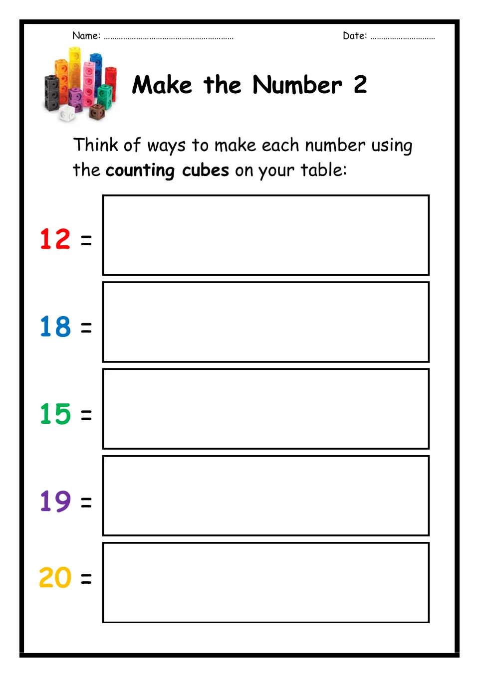 Composing numbers 12 to 20: students build 12, 18, 15, 19 and 20 with counting cubes and record the ways they find for each