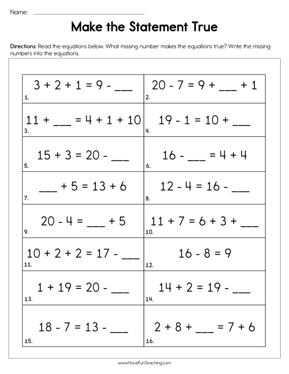 Addition and subtraction practice sheet: 16 numbered equation items, including 3 + 2 + 1 = 9 − ___.