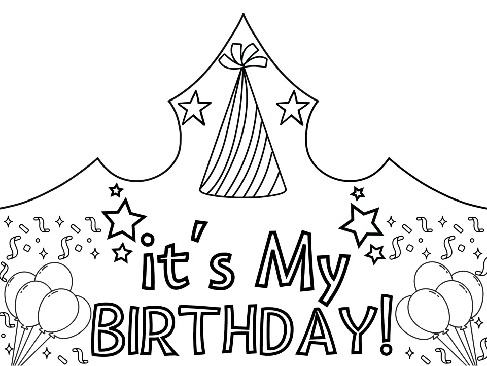 Coloring version of the it's My BIRTHDAY! crown: students color party hat, stars, confetti and balloons, then cut out