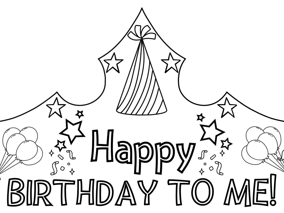 Happy BIRTHDAY TO ME! coloring crown: students color outlined party hat, stars, confetti and balloons before cutting