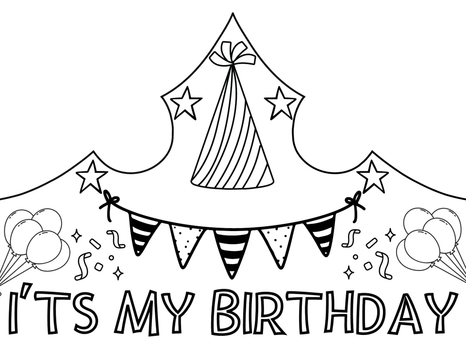 I'TS MY BIRTHDAY coloring crown: students color striped and dotted pennants, party hat, stars and balloons, then cut out