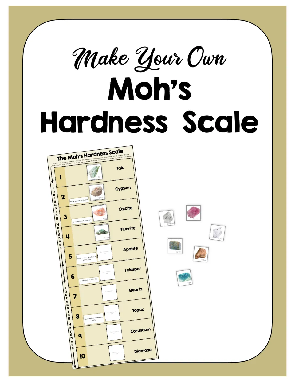 Make Your Own Moh's Hardness Scale cover: a 1-10 mineral chart from talc to diamond beside cut-out mineral photo cards