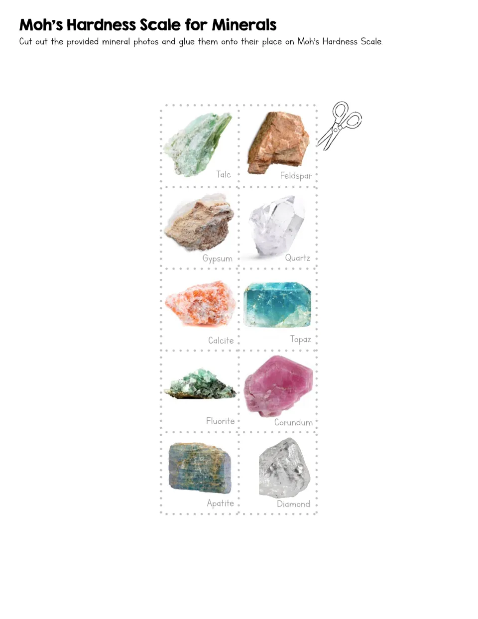Mineral photo cards to cut out: talc, gypsum, calcite, fluorite, apatite, feldspar, quartz, topaz, corundum and diamond
