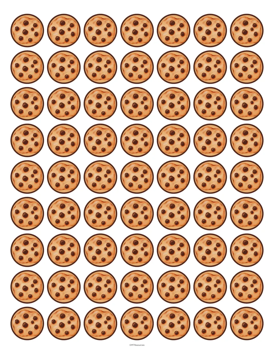 Cookie counting chip sheet containing 63 unnumbered cookies for the resource's making-ten activities