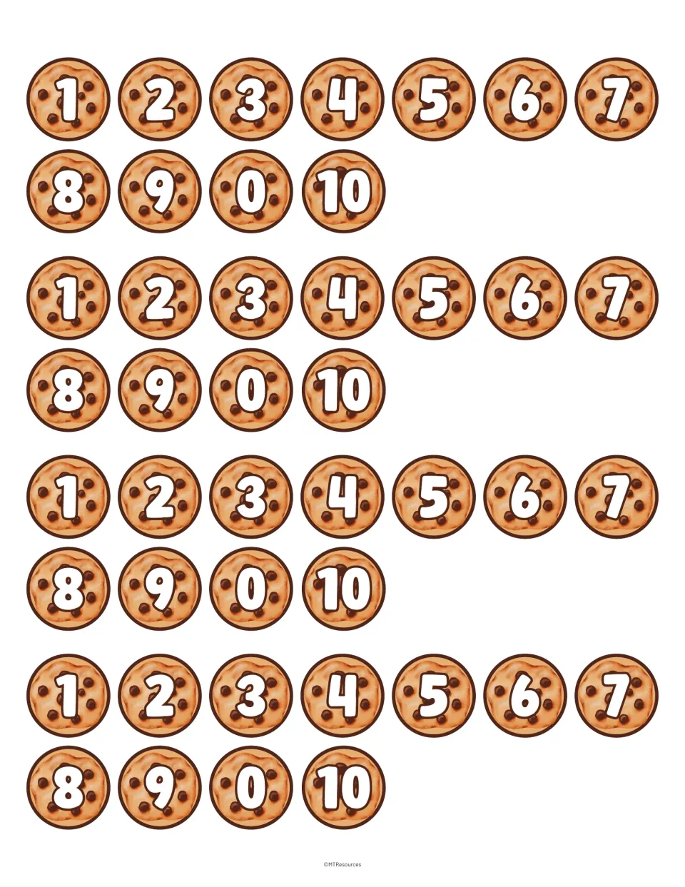 Numbered cookie pieces for making-ten activities: four copies each of the numbers 0 through 10