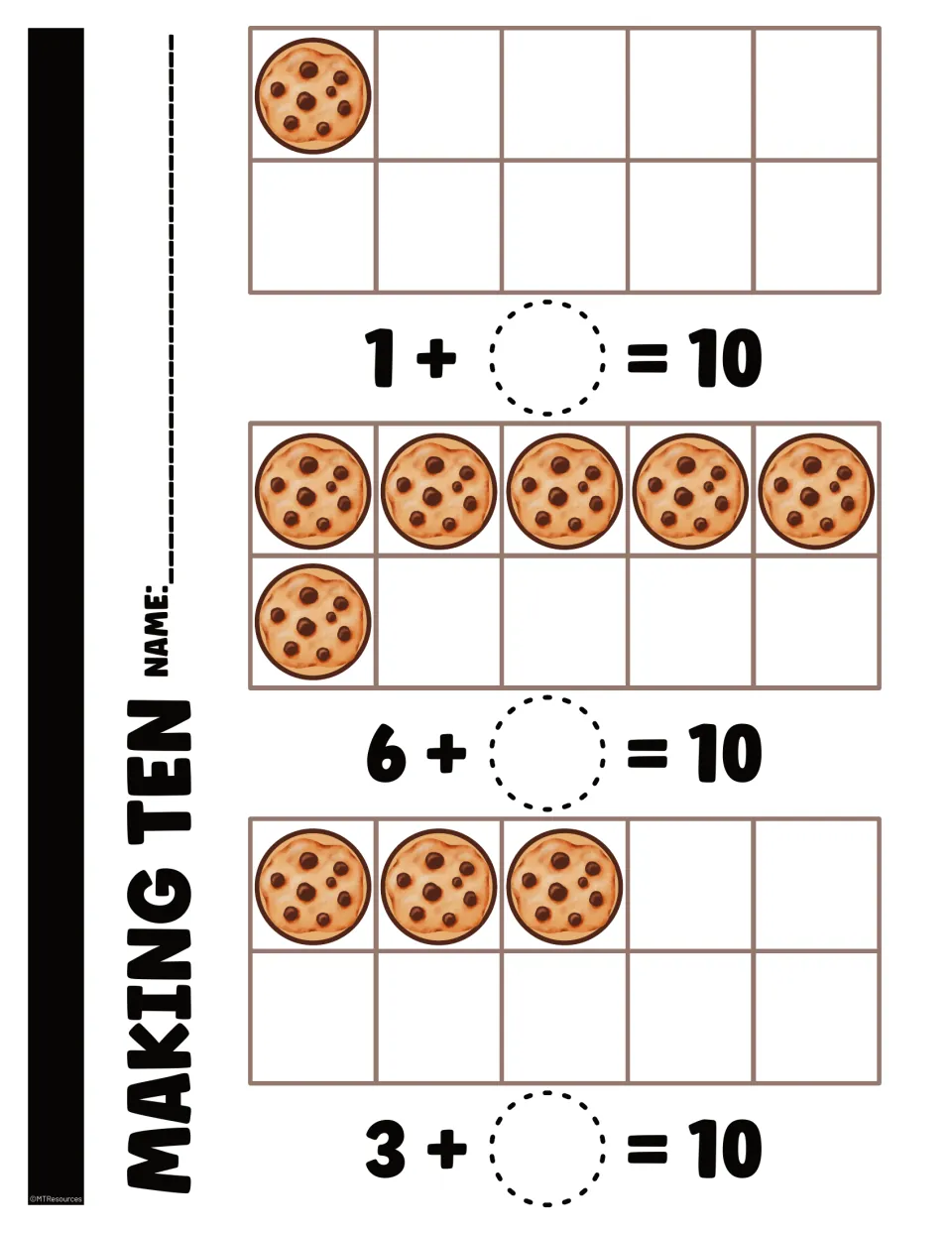 Making-ten worksheet using cookie counts of 1, 6, and 3, with a missing addend in each equation totaling 10