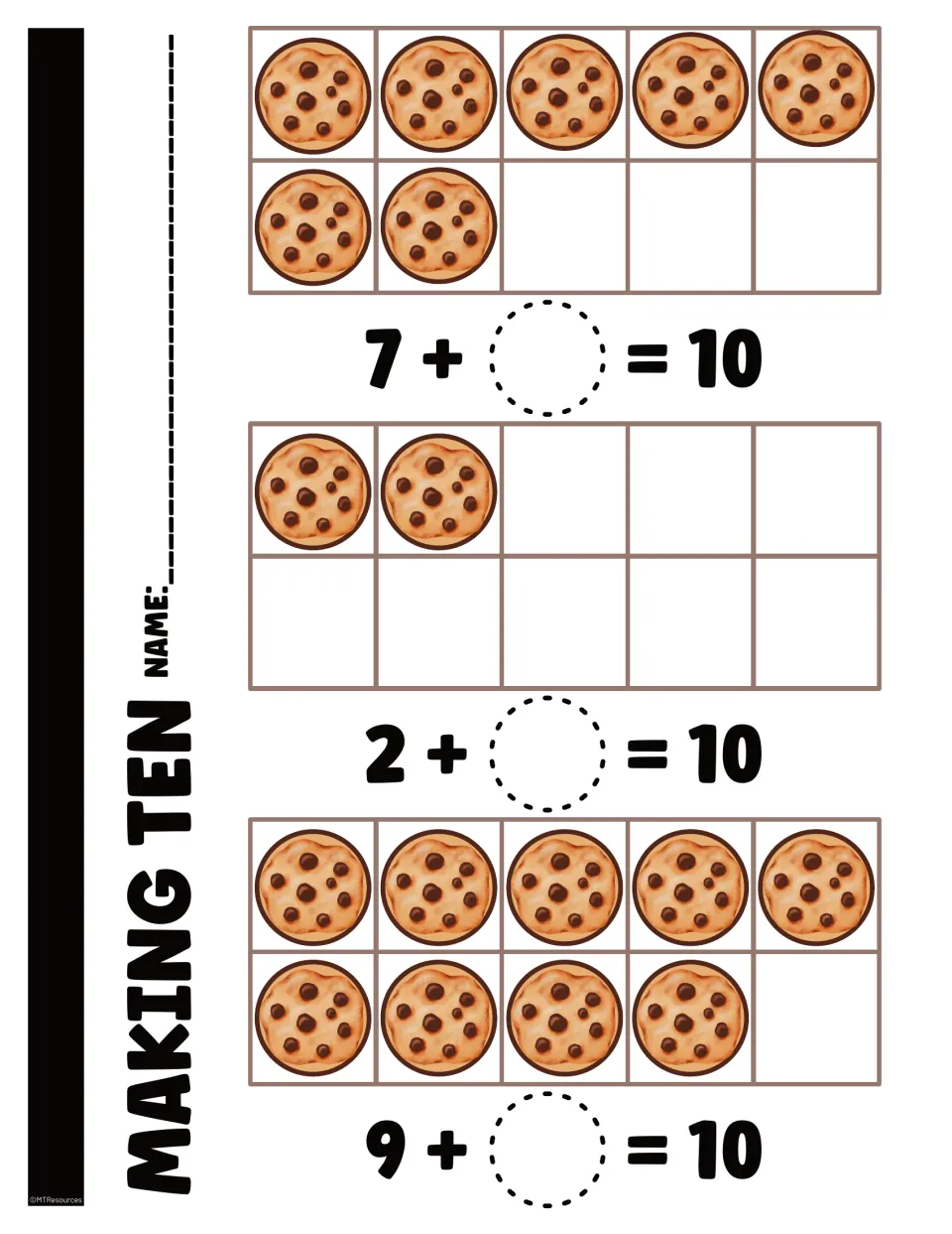 Making-ten worksheet using cookie counts of 7, 2, and 9, with a missing addend in each equation totaling 10