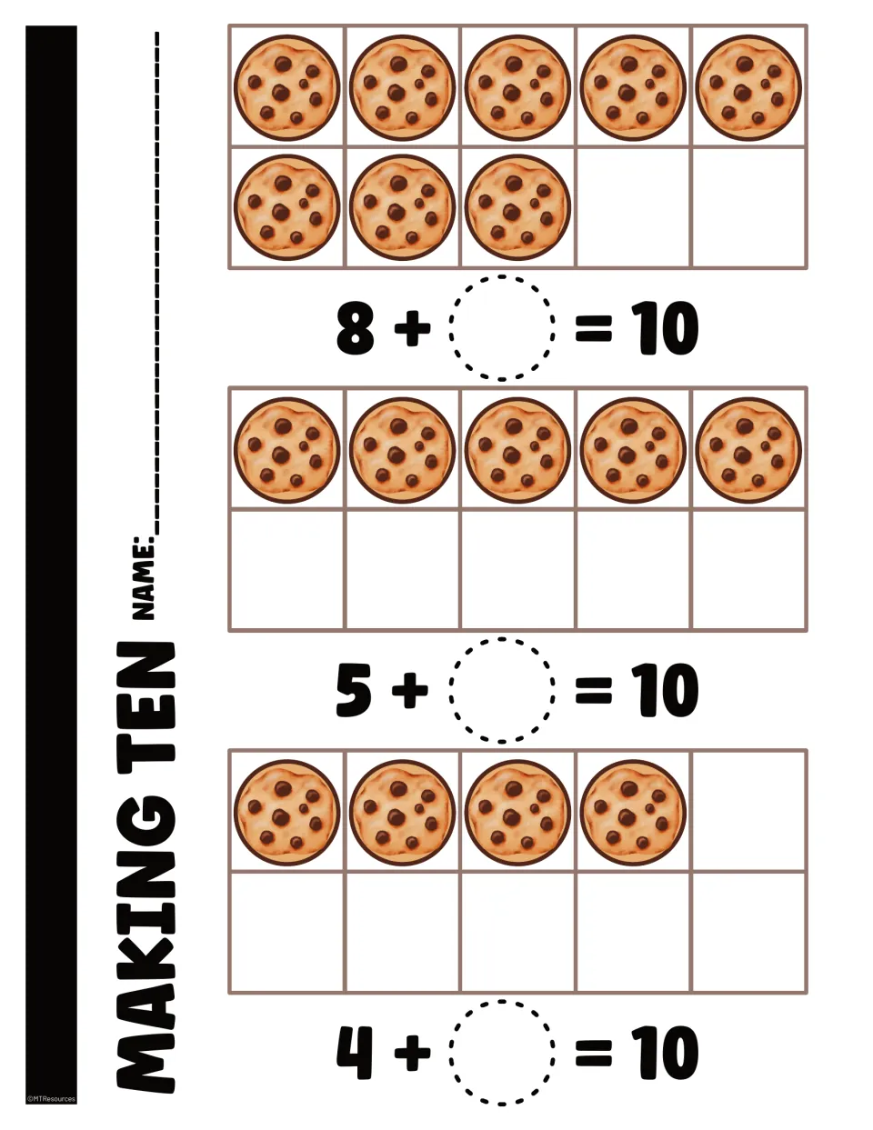 Making-ten worksheet using cookie counts of 8, 5, and 4, with a missing addend in each equation totaling 10