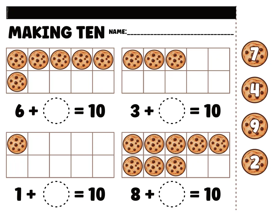 Making-ten cut-and-paste worksheet for 6, 3, 1, and 8 cookies, with number pieces 7, 4, 9, and 2