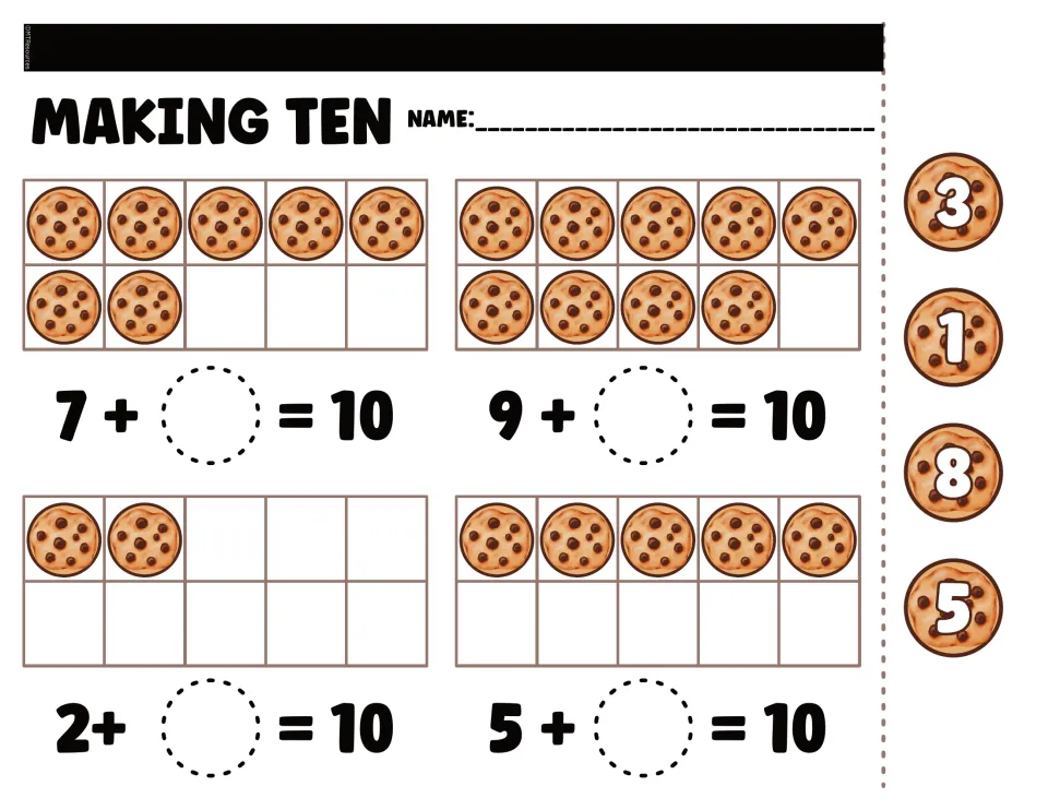 Making-ten cut-and-paste worksheet for 7, 9, 2, and 5 cookies, with number pieces 3, 1, 8, and 5