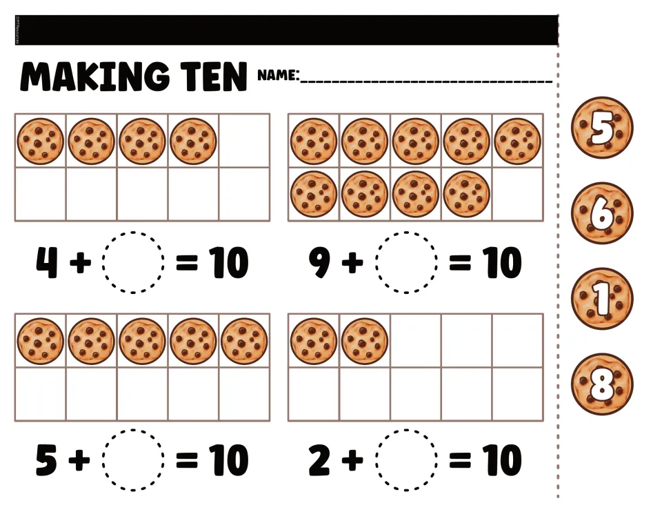 Making-ten cut-and-paste worksheet for 4, 9, 5, and 2 cookies, with number pieces 5, 6, 1, and 8