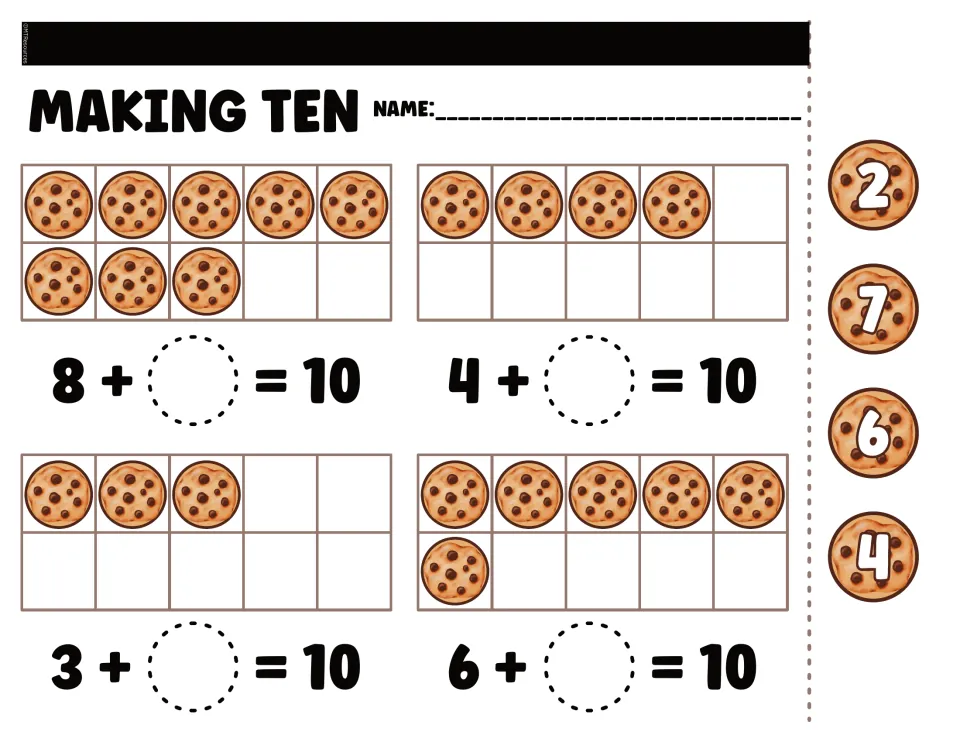 Making-ten cut-and-paste worksheet for 8, 4, 3, and 6 cookies, with number pieces 2, 7, 6, and 4