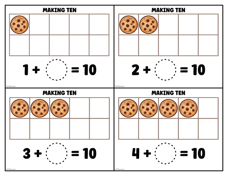 Four making-ten task cards showing 1, 2, 3, and 4 cookies, each paired with a missing-addend equation