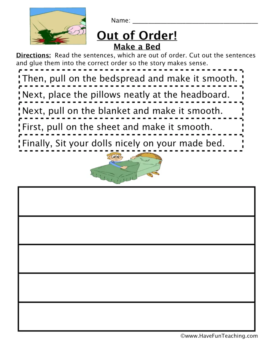 Out of Order! Make a Bed sequencing: students cut out 5 jumbled steps and glue them in order so the story makes sense