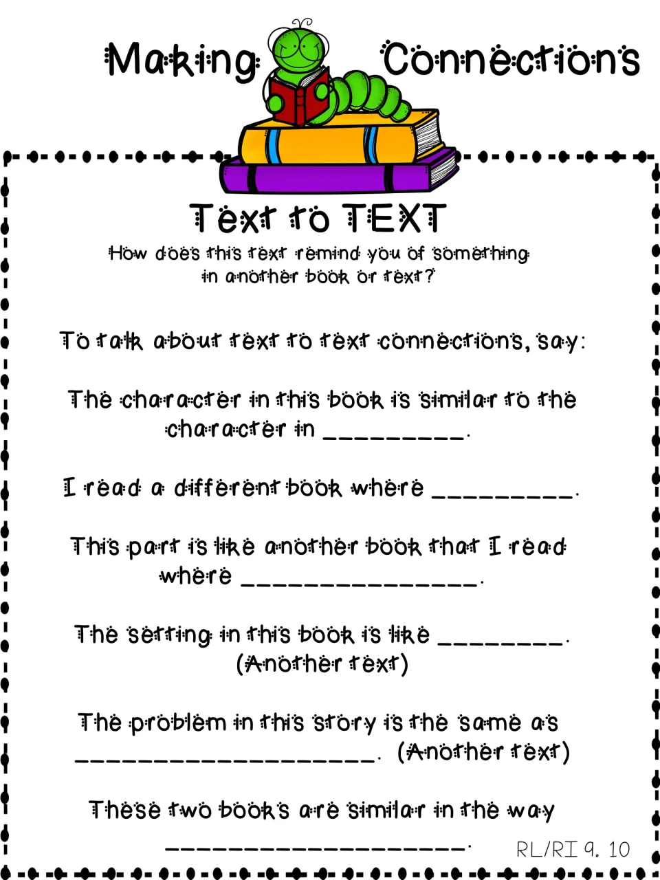 Text to text connections: six sentence frames comparing characters, setting and problem with another book or text