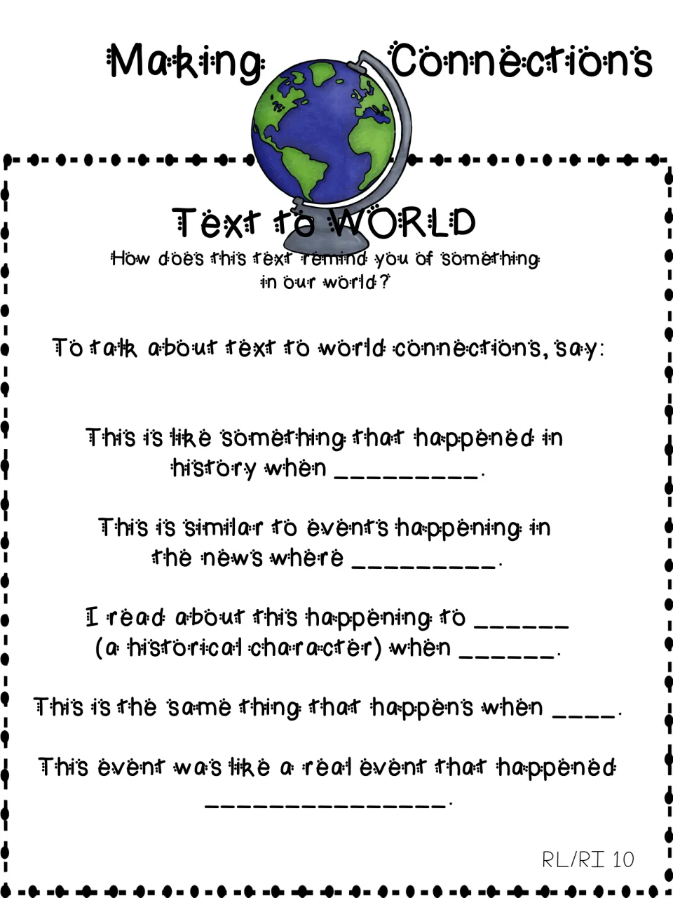 Text to world connections: five sentence frames linking a text to history, news events and real historical figures
