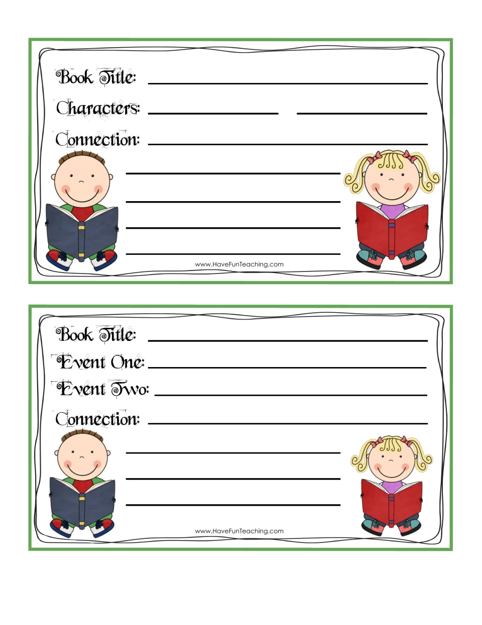 Connection cards for characters and events: students write a book title, two characters or two events, then the connection