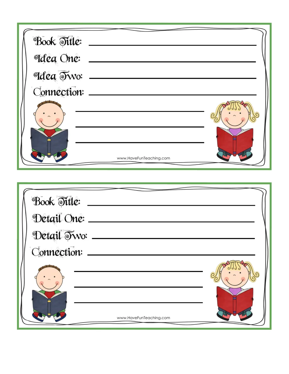 Connection cards for ideas and details: students record a book title, two ideas or two details, then explain the link