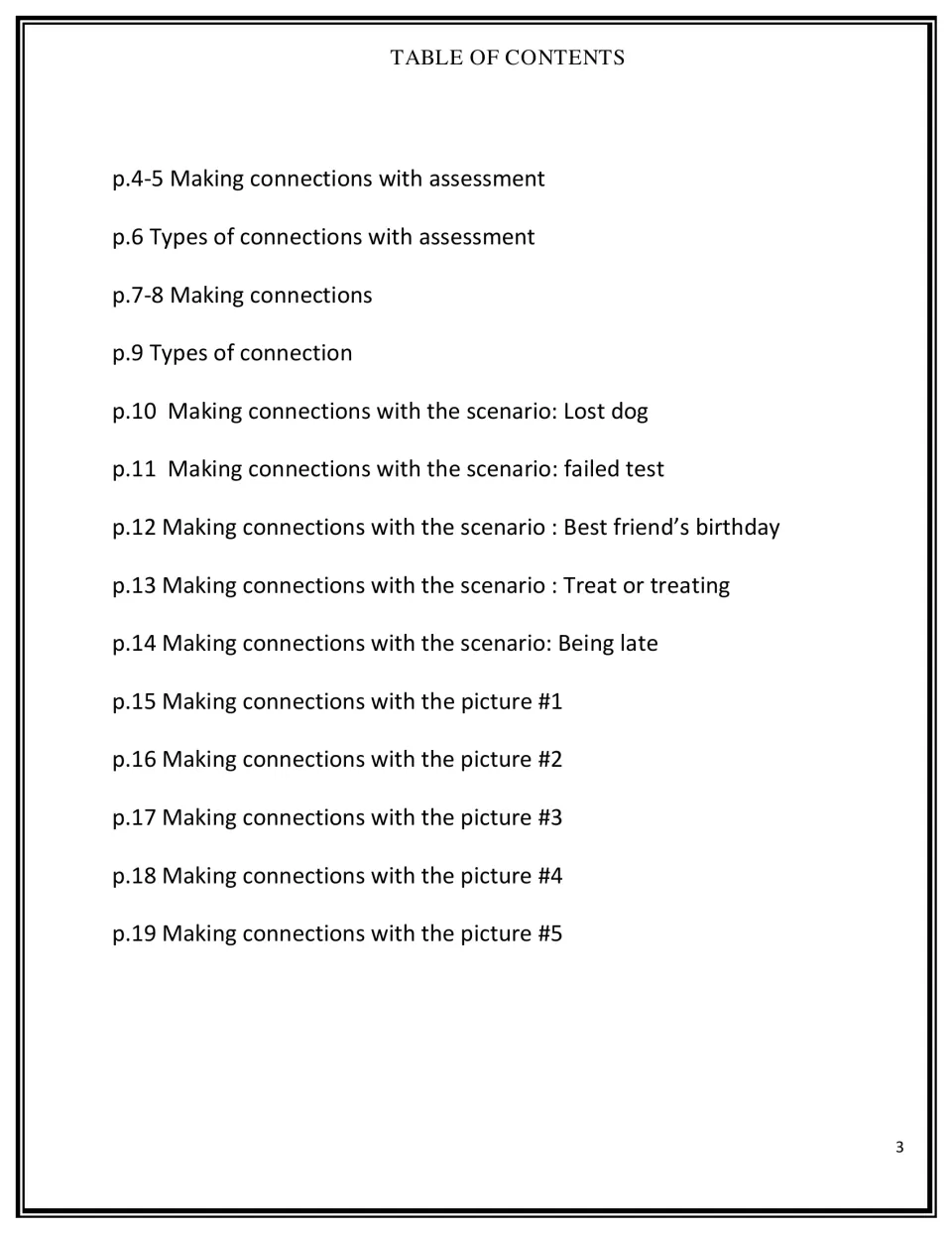Table of contents listing connection sheets, types of connections charts, five scenarios and five picture prompts
