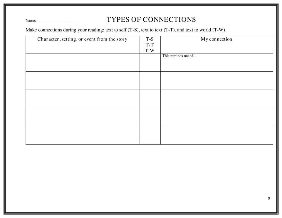 Types of connections chart, no rubric: students list story events, mark T-S, T-T or T-W and write each connection
