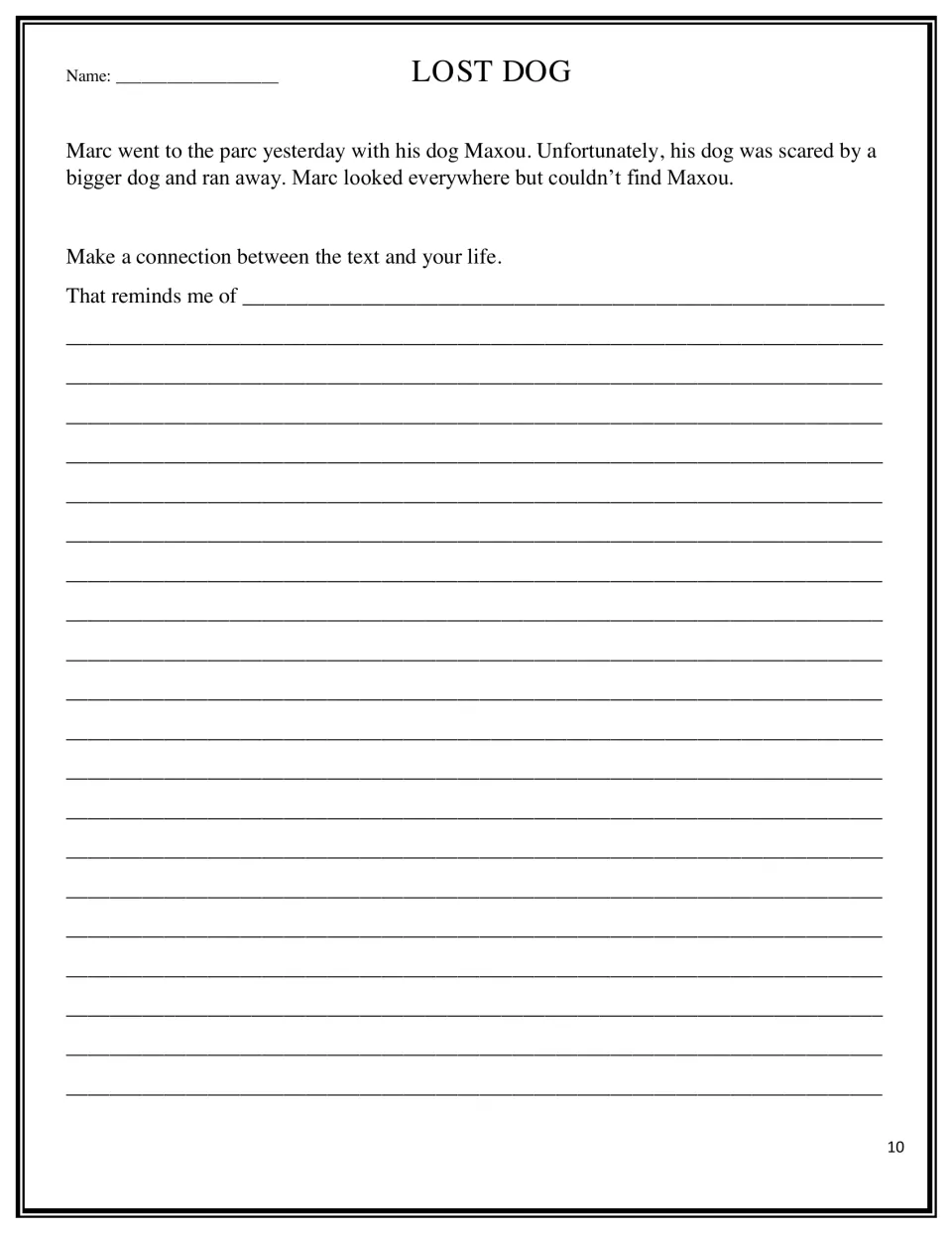 Lost Dog scenario: students read about Marc's dog Maxou running away at the park, then write a connection to their own life