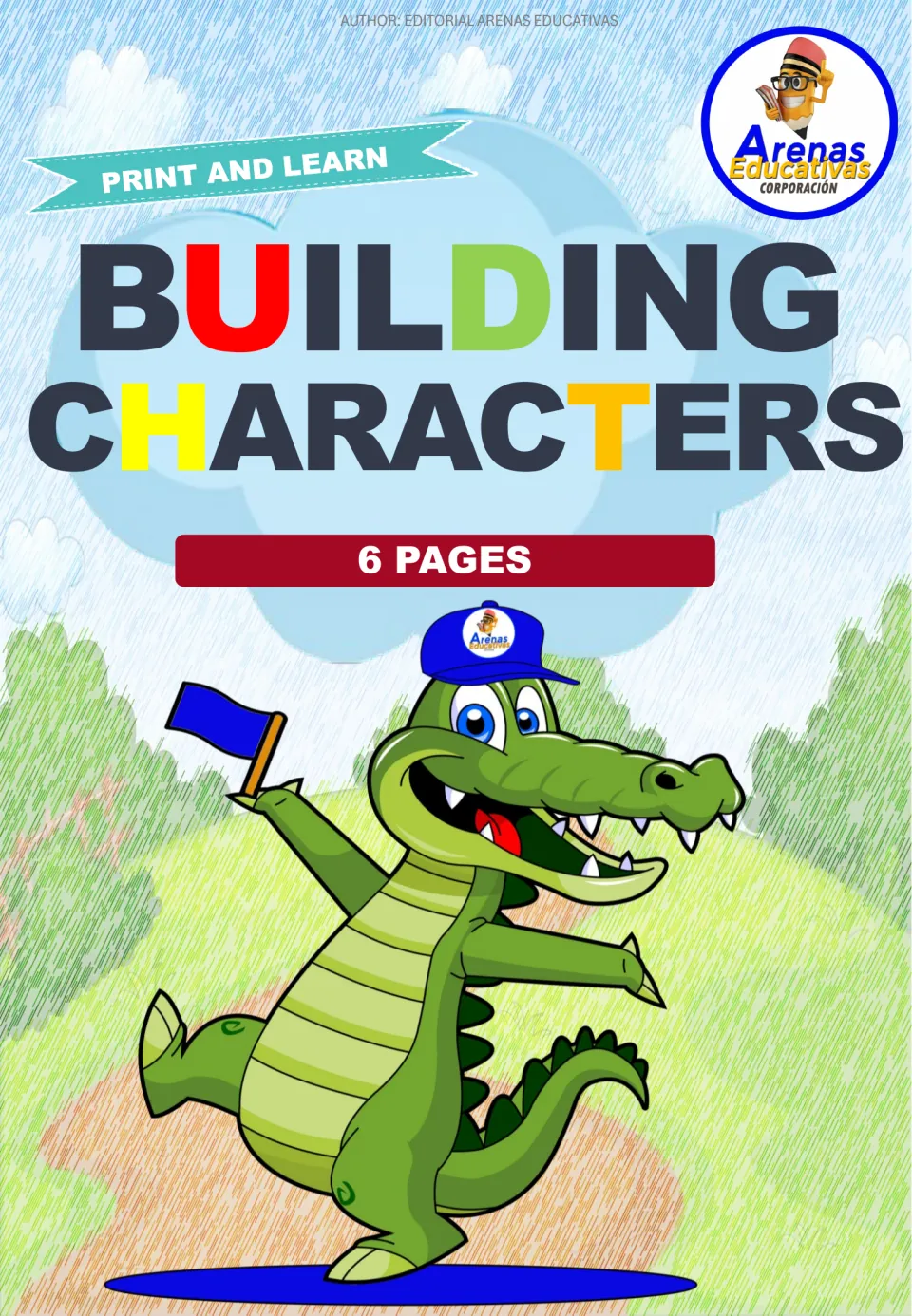 Cover of the character cut-out resource, labeled 'Building Characters,' 'Print and Learn,' and '6 Pages'