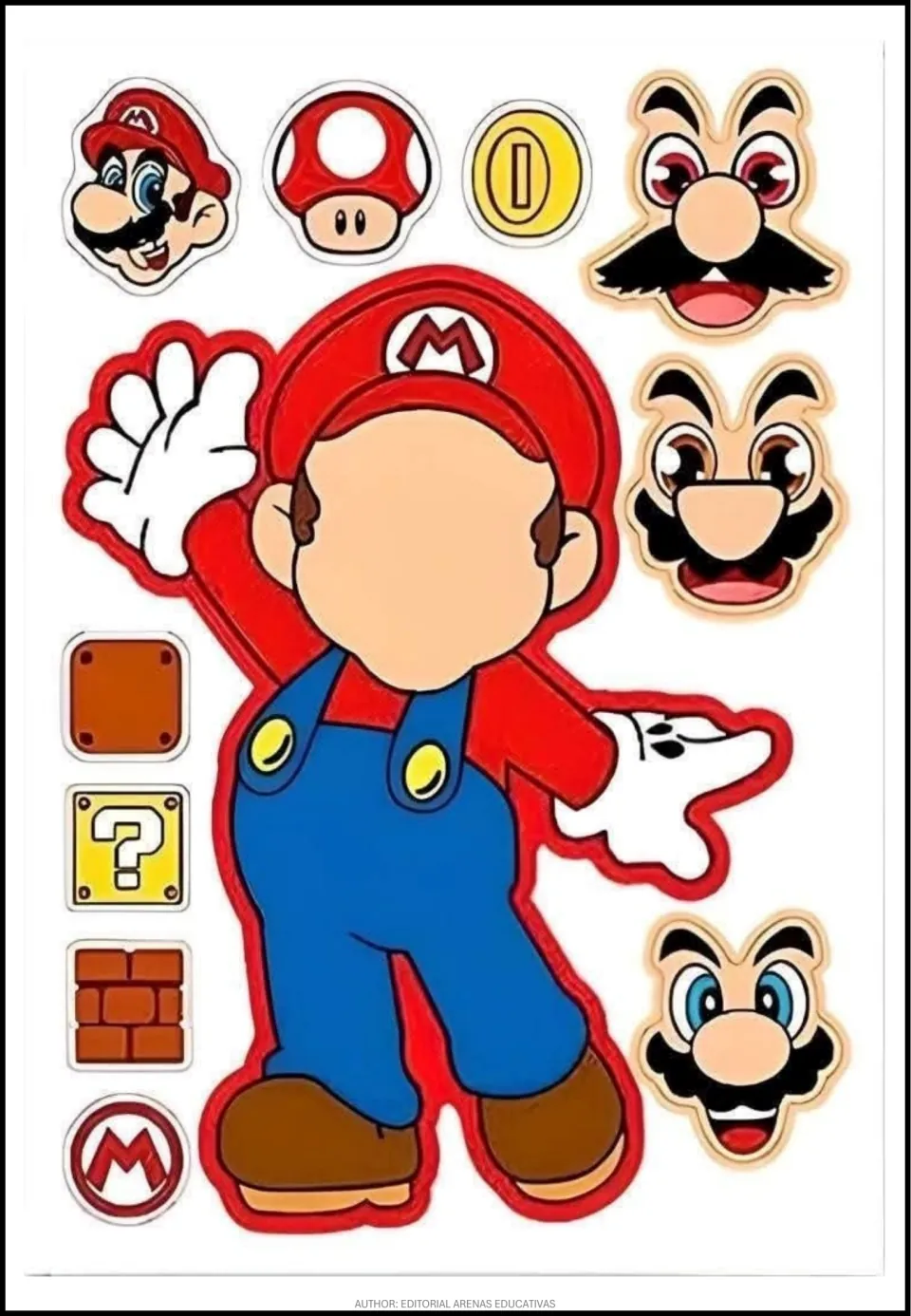 Mario cut-out activity sheet with a blank-faced body, three face options, a mushroom, coin, and blocks