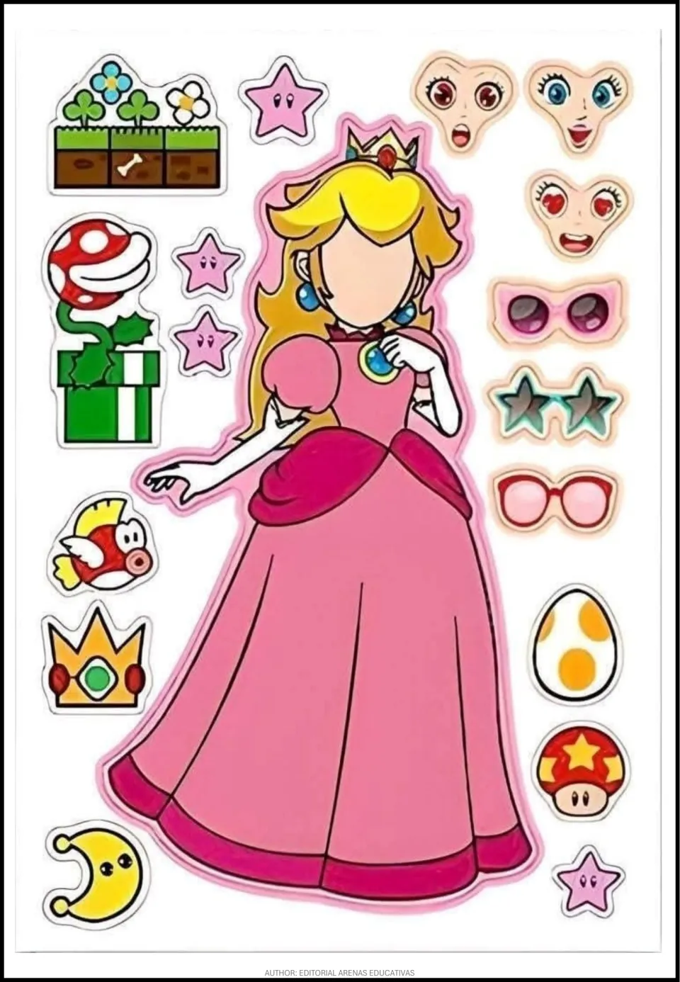 Princess Peach cut-out activity sheet with a blank-faced body, three face options, glasses, and a crown