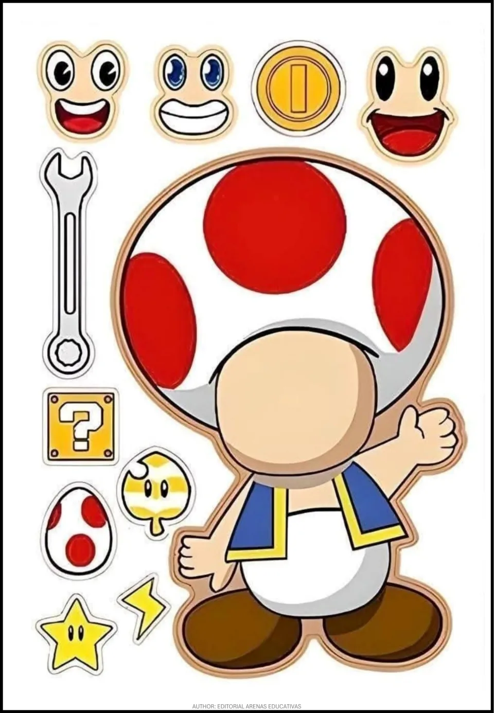 Toad cut-out activity sheet with a blank-faced body, three face options, a wrench, coin, and question block