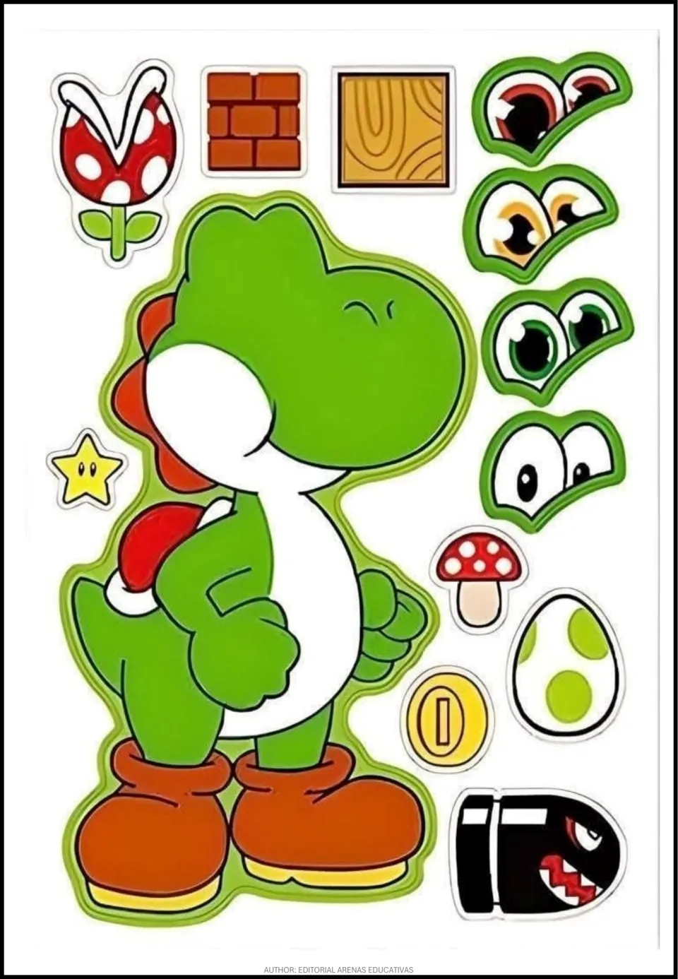 Yoshi cut-out activity sheet with a body missing its eyes, four eye options, a spotted egg, and a coin