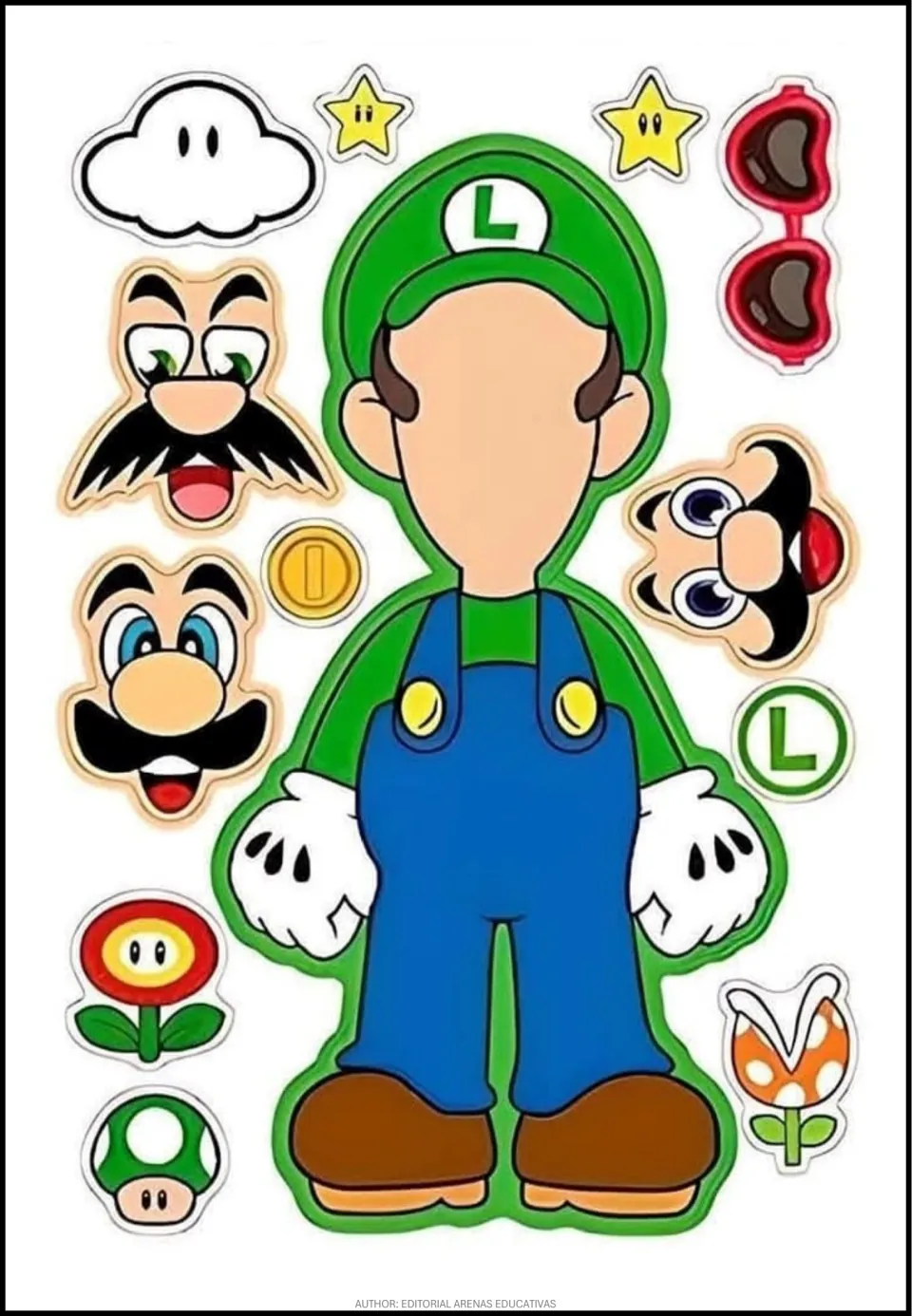Luigi cut-out activity sheet with a blank-faced body, three face options, sunglasses, and a green mushroom