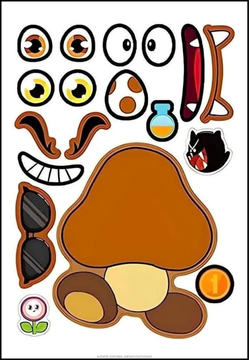 Goomba cut-out activity sheet with a blank-faced body, separate eyes, eyebrows, mouths, and sunglasses