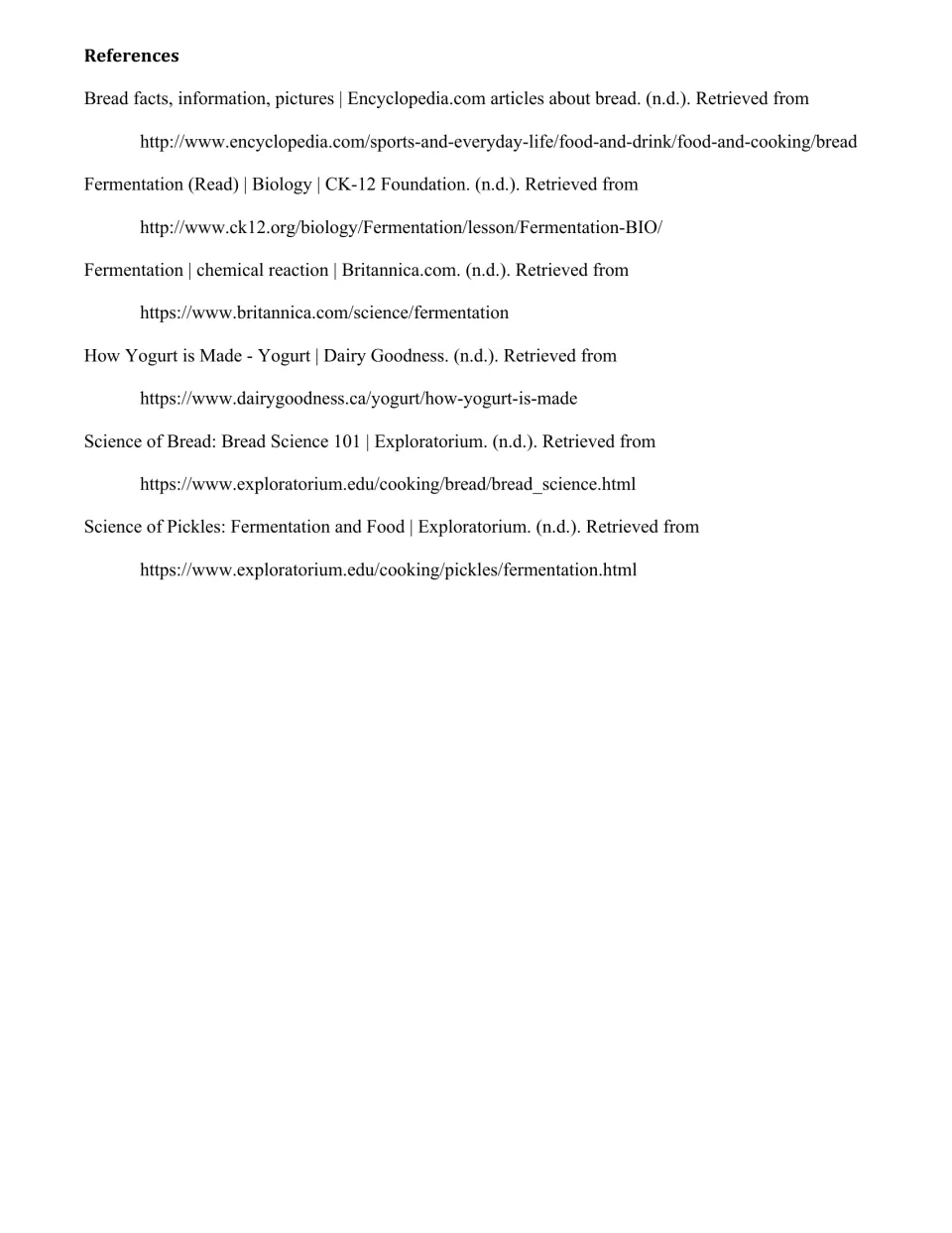References list citing six sources on bread, yogurt and fermentation from Britannica, CK-12, Exploratorium and others