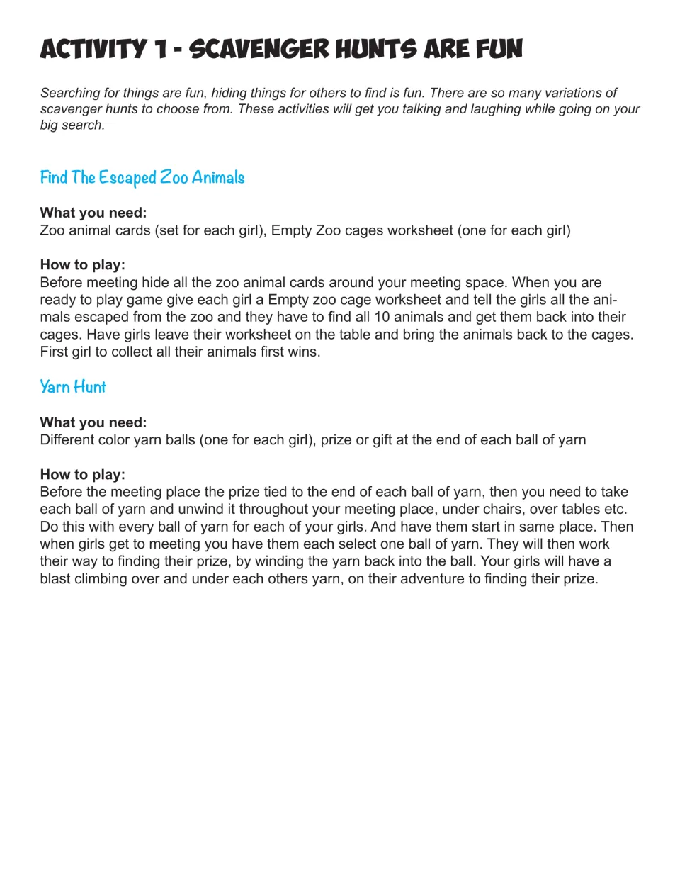 Scavenger hunts: leader directions for Find The Escaped Zoo Animals and a Yarn Hunt, with supplies and how-to-play steps