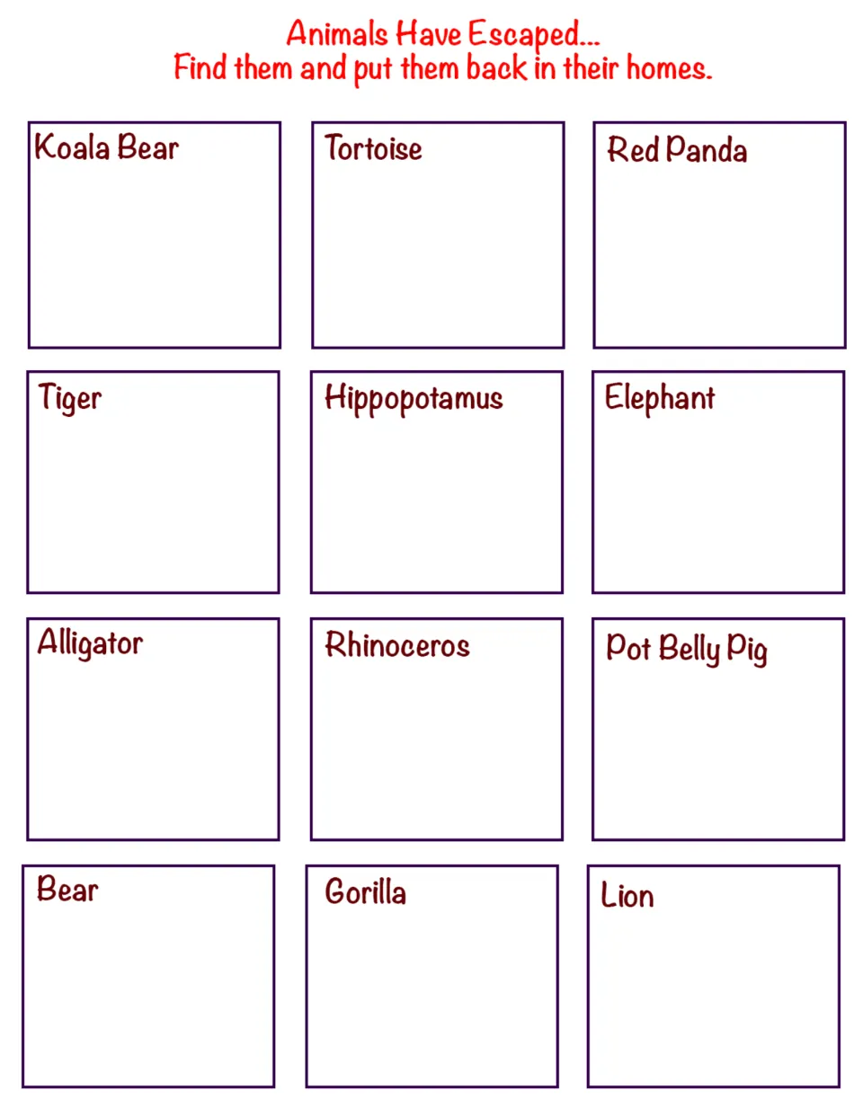 Escaped animals cage sheet: children place 12 found animals, such as koala, tiger and lion, back in their labeled homes
