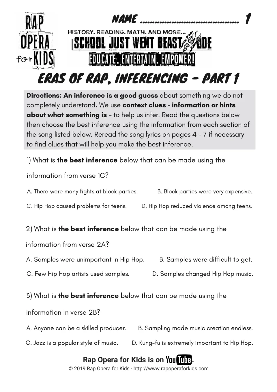 Inferencing Part 1: students use context clues to choose the best inference about verses 1C, 2A and 2B