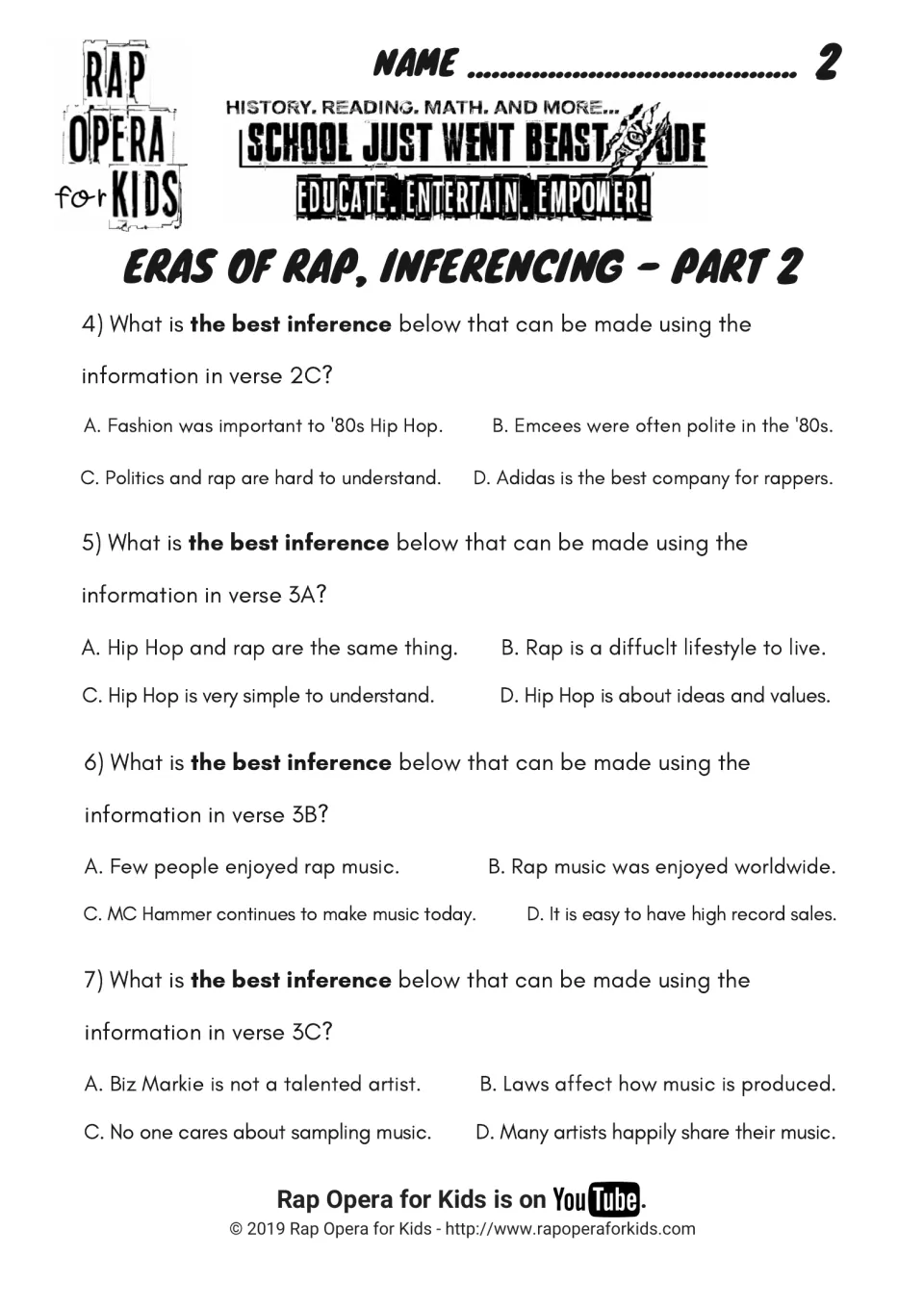 Inferencing Part 2: four multiple-choice questions on verses 2C to 3C about '80s fashion, Hip Hop values and sampling law