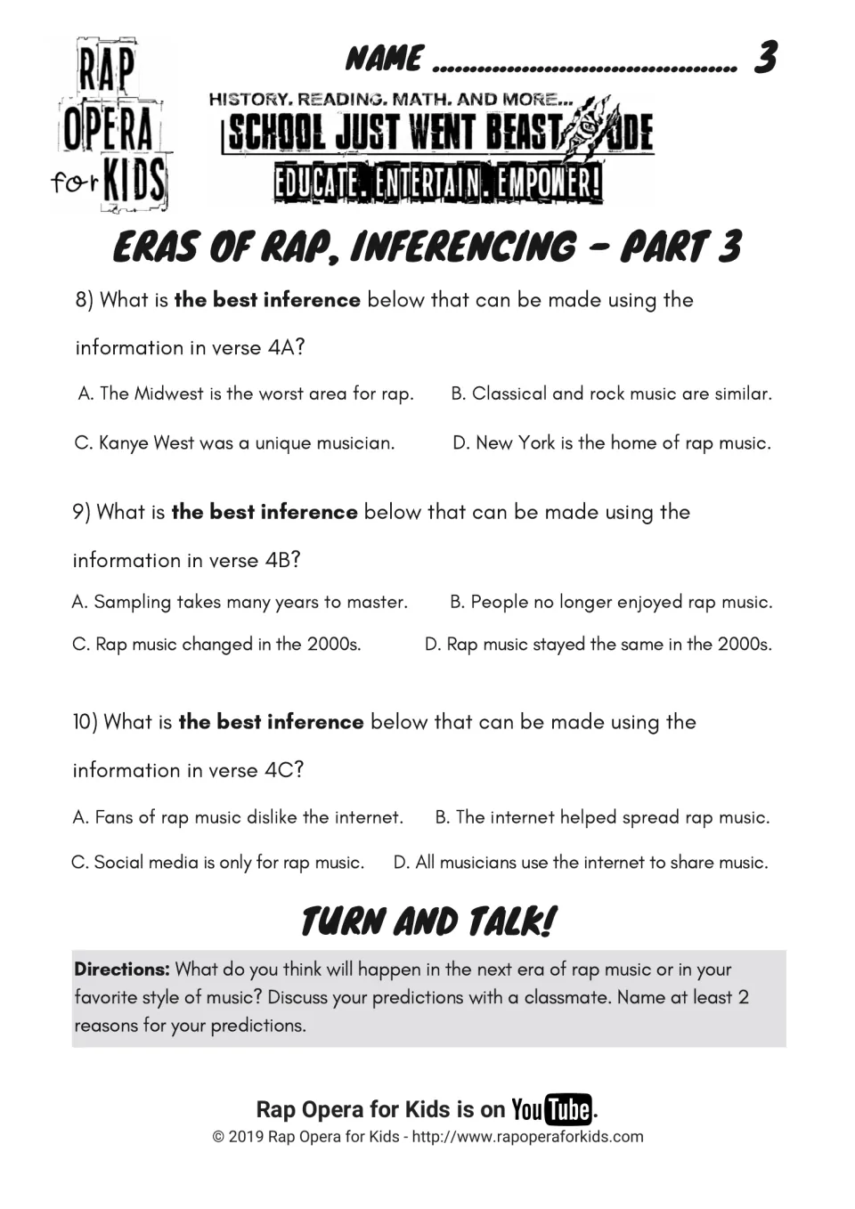 Inferencing Part 3: questions 8 to 10 on 2000s verses, then a Turn and Talk predicting the next era of music with 2 reasons