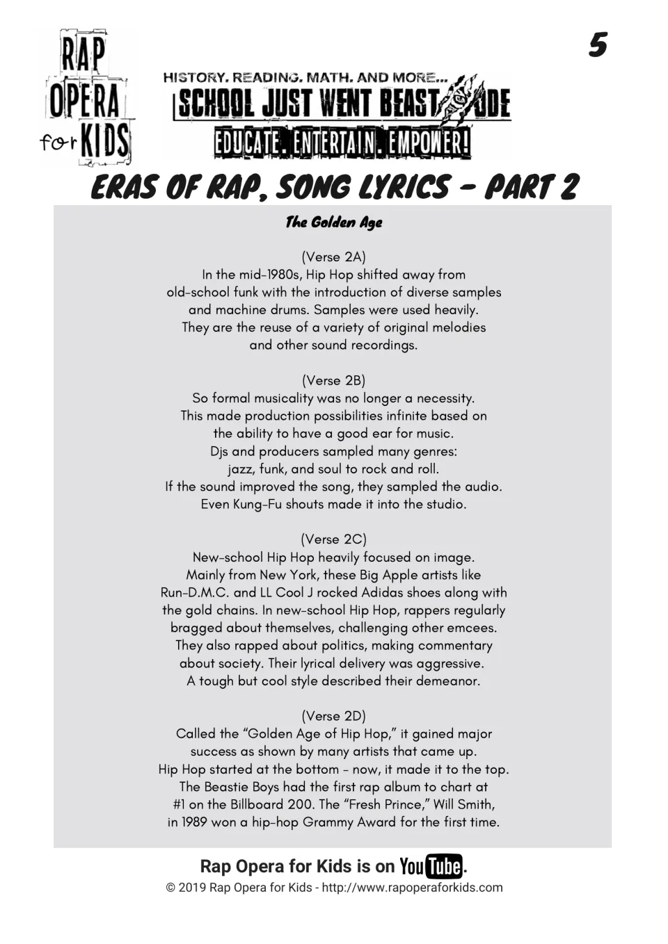 Song lyrics Part 2, The Golden Age: verses 2A to 2D on sampling, Run-D.M.C. style, Beastie Boys and Will Smith's Grammy
