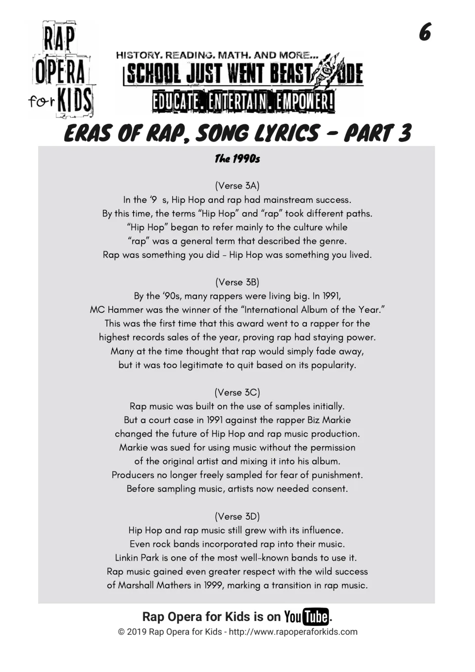 Song lyrics Part 3, The 1990s: verses on Hip Hop vs. rap, MC Hammer's sales, the Biz Markie sampling case and Linkin Park