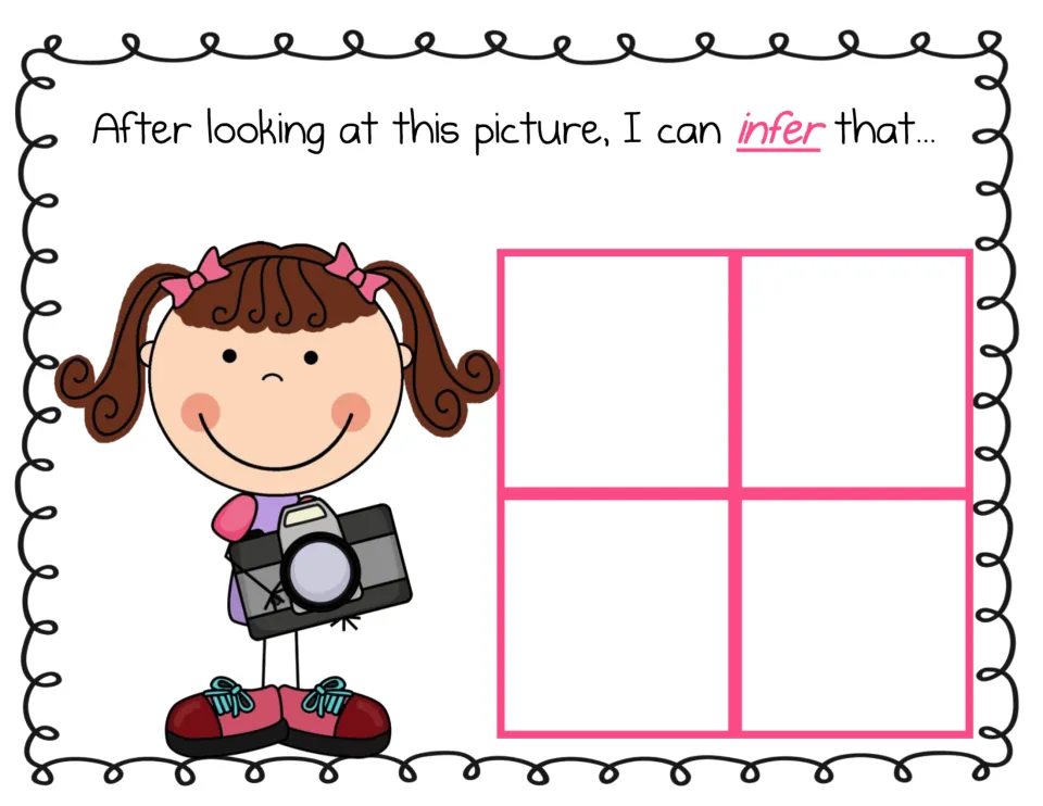 Inference mat: a smiling girl in pink bows holds a camera; students place four cards telling what they infer about her