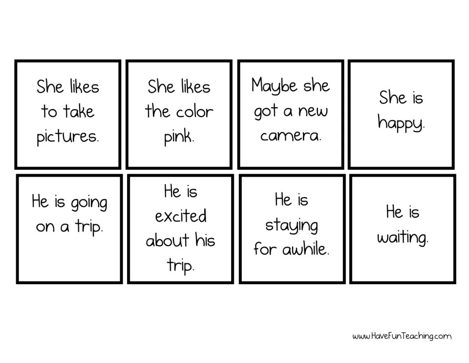 Eight inference cards to cut out, such as 'He is going on a trip' and 'She likes the color pink', to match to each mat
