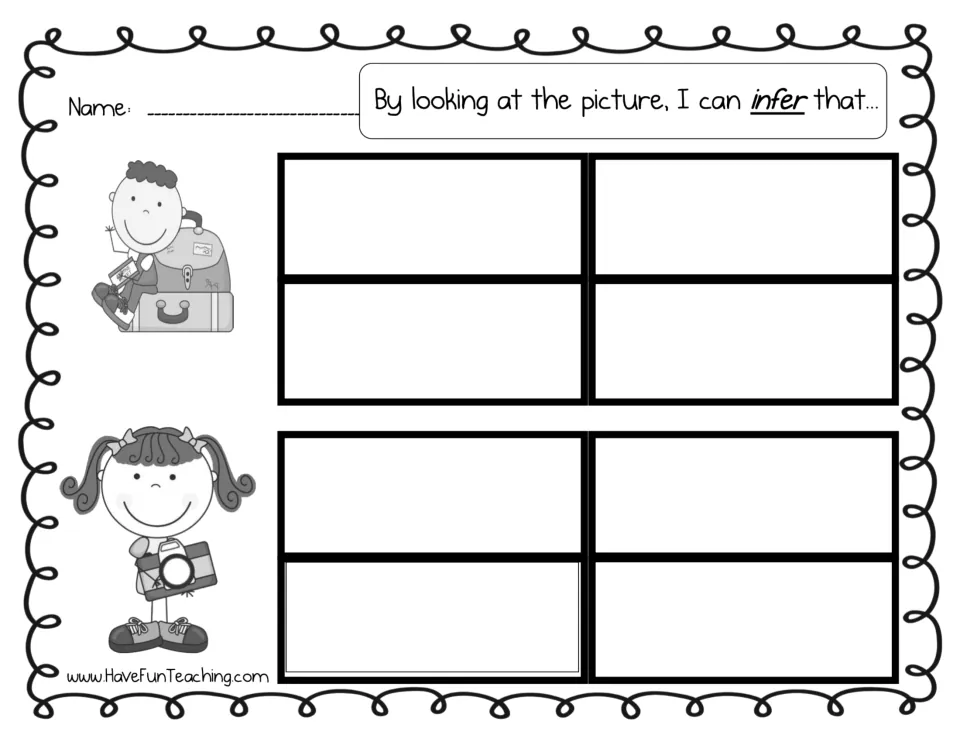 Inference worksheet: students glue or write four inferences each about the boy with luggage and the girl with a camera