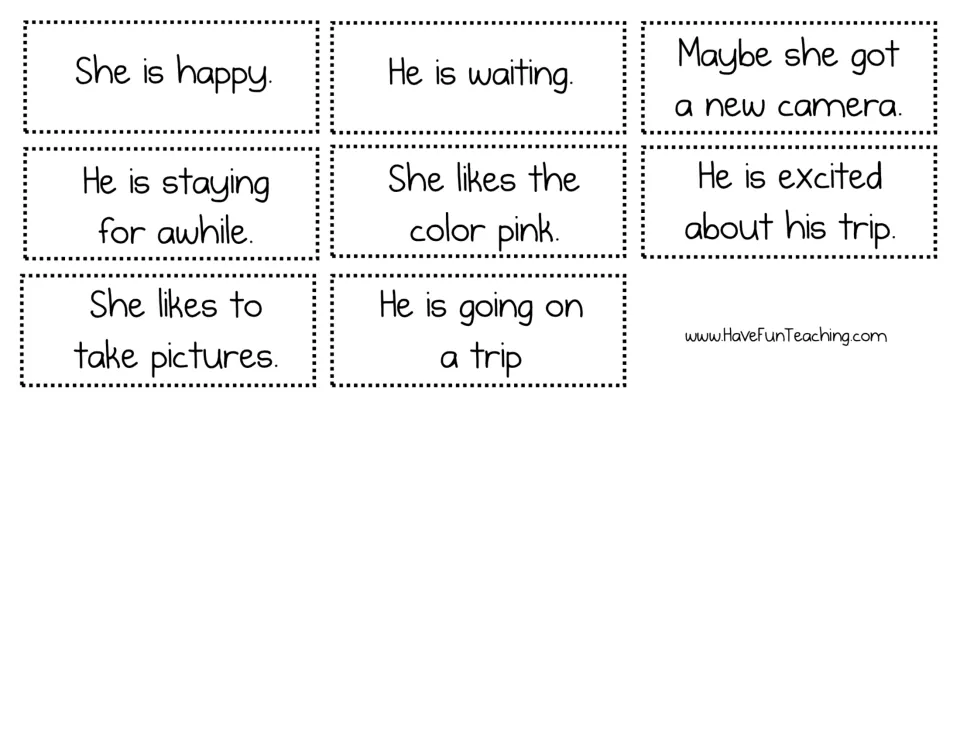 Inference strips to cut and glue on the worksheet, eight sentences like 'He is staying for awhile' and 'She is happy'