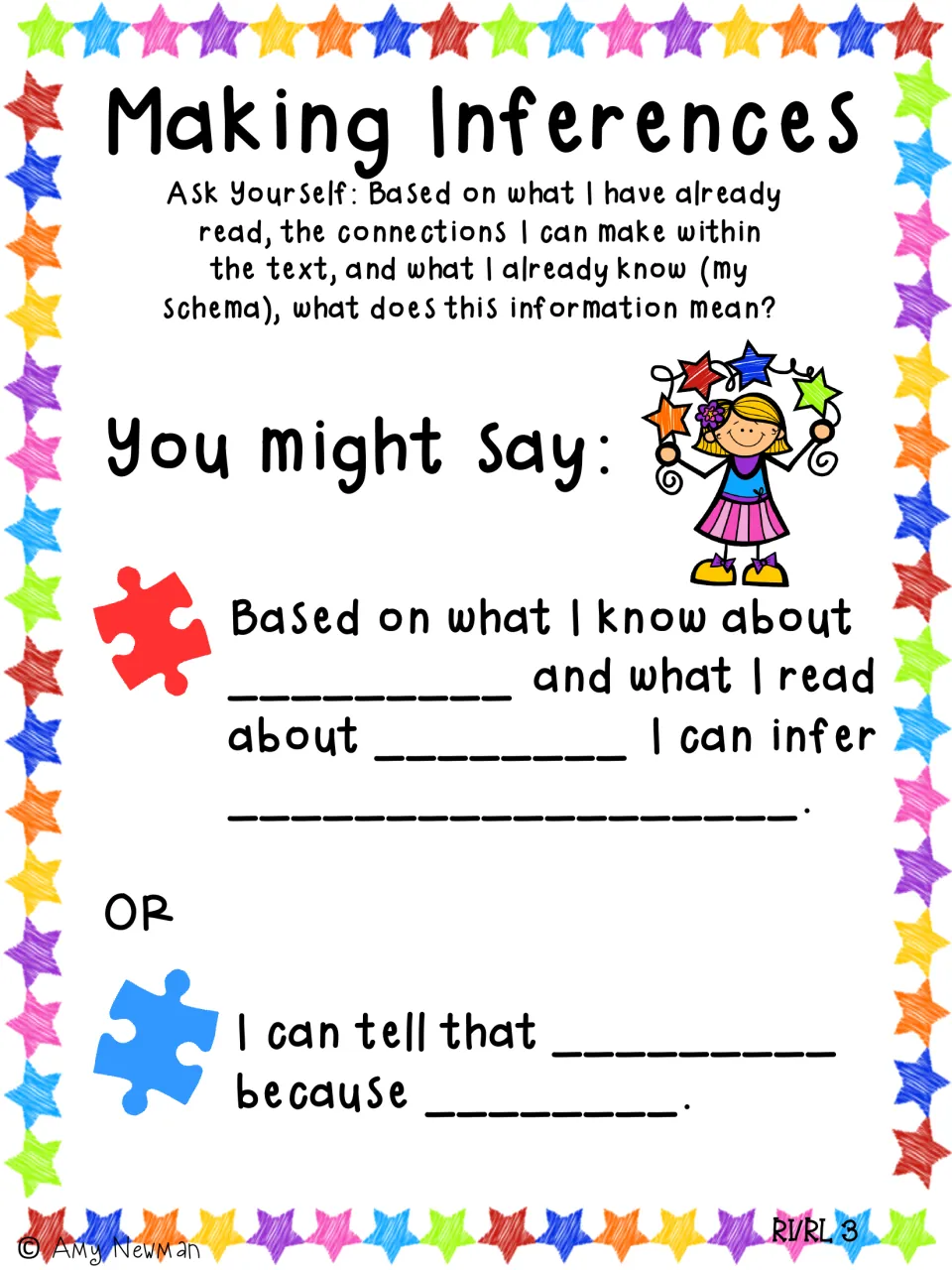 Inference sentence stems: students complete 'Based on what I know about... I can infer' or 'I can tell that... because'